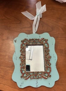 Ornate Wooden Mirror With Red Gem Embellishments 9”x7.25” - Picture 1 of 8