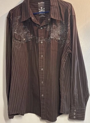 Camisa Hombre Máquina Grande Rockabilly Manga Larga Bolsillos a Presión Tira Marrón Foto 1 de 4