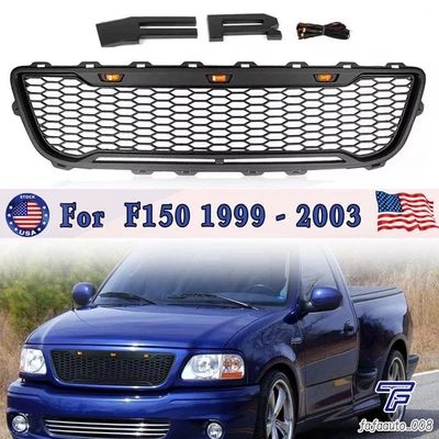 Black Front Grille For 1999-2003 F150 F-150 Raptor Honeycomb Grill W/Led Lights Foto 1 de 4