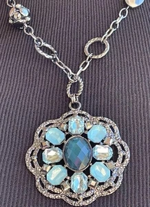 Large Rhinestone Medallion Pendant Necklace Blue Gunmetal Tone 17”- 21” - Picture 1 of 12