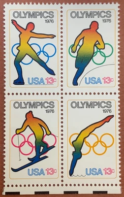 Bloque de 4 placas de estampillas 13c de los Juegos Olímpicos 1976 EE. UU. (Scott # 1695-1698) MNH Foto 1 de 2