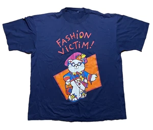 Vintage Shirt XL Fashion Victim Cat Cute Bejeweled Blue Funny Raver Baggy Single - Picture 1 of 4