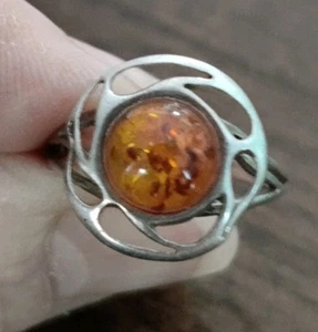 VINTAGE AMBER 925 STERLING SILVER RING Signed Sz 7 Delicate 2g - Picture 1 of 5
