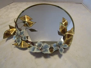 Vintage Metal Wall Round Mirror with 3D sculptural brutalist décor 1970's 16"W - Picture 1 of 23