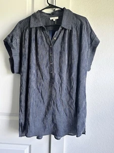 Entro 100% Cotton Blue And Gold Striped Half Sleeves Half Button Blouse XL - Picture 1 of 9