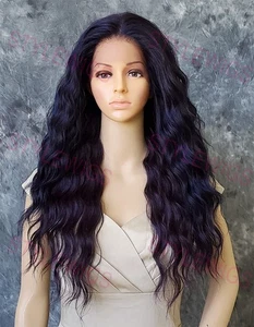 Brown/Blue/Green/Purple Long Wavy Heat Safe Lace Top Human Hair Blend Wig EVEC - Picture 1 of 7