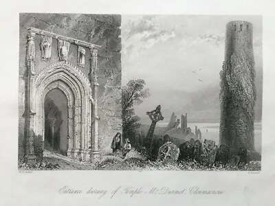 Impresión antigua de 1842; Catedral de Clonmacnoise, Cross &c. Co. Offaly después de Bartlett Foto 1 de 2