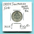 SAN MARINO - SPECTACULAR  HISTORICAL  RARE SILVER 50 CENTESIMI, 1898 R, KM# 3