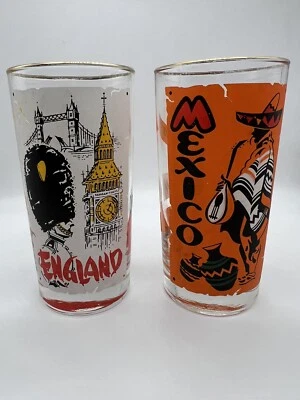 Copos vintage de Coca-Cola ao redor do mundo, Inglaterra, México aro dourado - Imagem 1 de 4