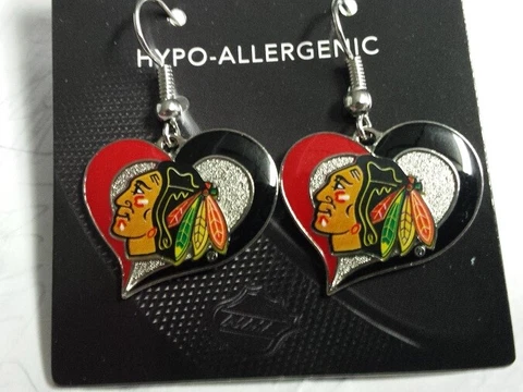 NHL Chicago Blackhawks Silver Swirl Heart Dangle Earrings Cover