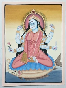 India Pintura DIOSA GANGA SENTADA EN COCODRILO 12 pulgadas x 16 pulgadas (8071) - Imagen 1 de 5