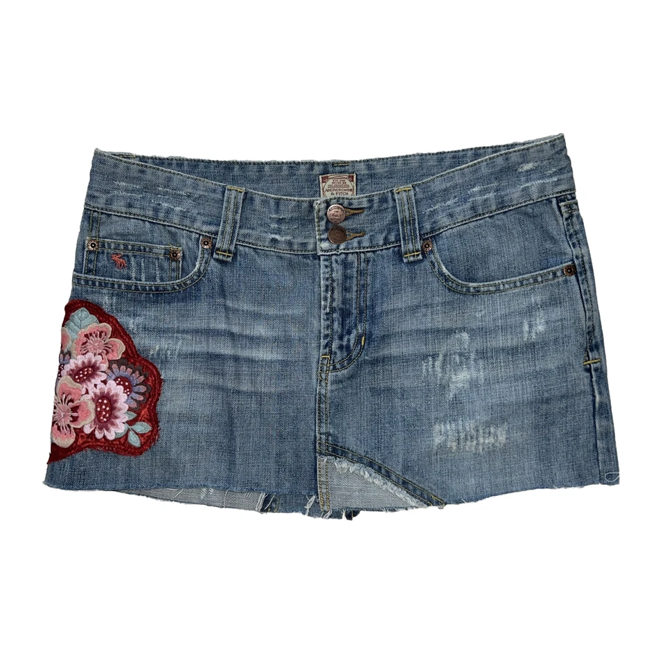 Mini Falda Jean Y2K Abercrombie & Fitch Talla 6 S Bordada Floral Tiro Bajo Denim Foto 1 de 4
