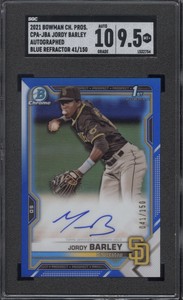 2021 Bowman Chrome Prospect Autographs Blue Refractors Jordy Barley SGC 9.5/10