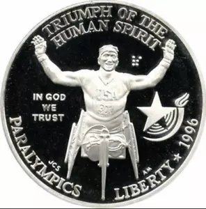 Proof 1996 Paralympics Wheelchair US Commemorative 90% Silver Dollar Olympics - Picture 1 of 2