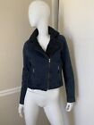 TOPSHOP MOTO NEW! Navy Blue Sherpa Lined Canvas Bomber Motorcycle Jacket US 4