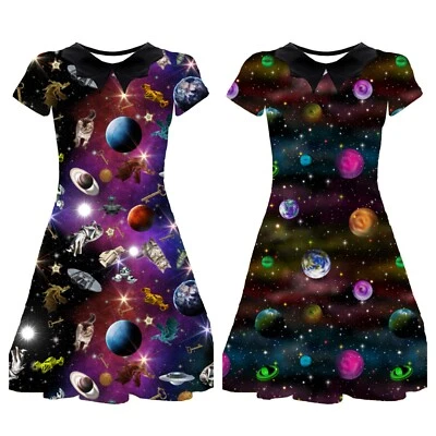 BLUE MAGIK CLOTHING Galaxy Universe Space Ship Planets Angel Printed Collar Swing Rockabilly Dress