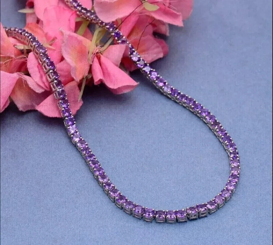 3MM Round Lab Created Amethyst Women's Tennis Necklace 14K White Gold Plated 18" - Image 1 of 4