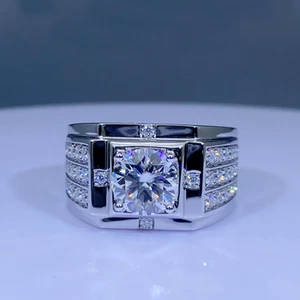 8mm 1.70Ct Round Cut Moissanite Men's Engagement Ring in Solid Platinum Plated - Picture 1 of 6