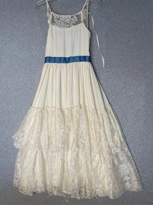 Cottagecore Lace Tiered Dress Girls 12 Vintage Style Prairie Maxi Satin Bow - Image 1 of 4