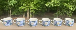 Set Of 6 Vintage Tea Cups Daisy China Pearl Blue White Gingham Flowers - Picture 1 of 6