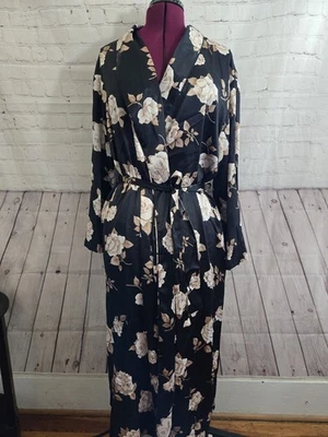 复古 Talbots Intimates 长黑色 Foral XL 长袍带口袋缎面 Glam 家庭主妇 — 第 1/4 张图片