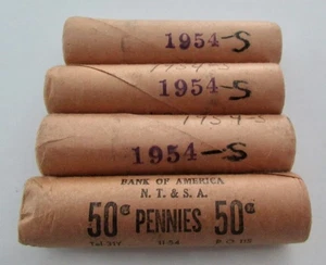 1954 S Lincoln Wheat Pennies, 4 Rolls Uncirculated - Picture 1 of 4