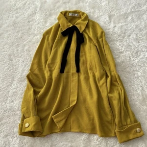 Yves Saint Laurent Vintage Blouse M Mustard Polyester Bowtie Gold Buttons Used - Picture 1 of 11