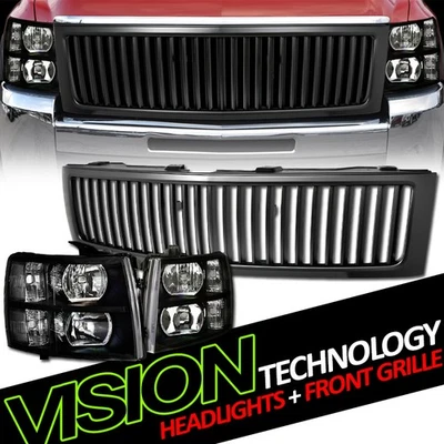 Bk Headlight Parking Lamp Nb+Matte Vertical Front Grill For 07-13 Silverado 1500 - Image 1 of 2