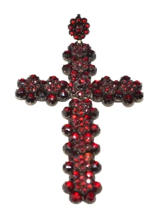 10K ANTIQUE VICTORIAN BOHEMIAN NATURAL GARNET HUGE CROSS PENDANT 3 INCHES TALL - Picture 1 of 4