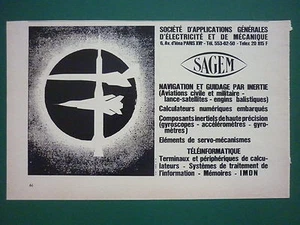 5/1969 PUB SAGEM AERONAUTIQUE GYROSCOPE NAVIGATION INERTIELLE ESPACE FRENCH AD - Imagen 1 de 1