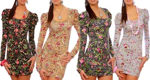 Womens Floral Dress with Puff Sleeves Bodycon Mini Tunic with Pattern 2100 - Picture 1 of 15