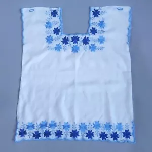 Chiapas Mexican Handmade Embroidered Blouse Indigenous Fabrics White Blue L - Picture 1 of 2