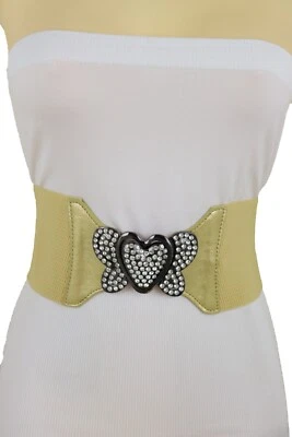 Women Wide Elastic Strap Gold Color City Fashion Belt Butterfly Heart Buckle S M - Image 1 of 4