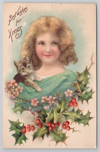 Young Girl Holding Tiger Cat Kitten Xmas Christmas Postcard Unsigned Clapsaddle - Picture 1 of 6