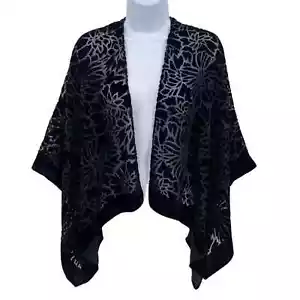 Andrew Marc New York Black Velvet Sheer Floral Shawl Wrap Cape Poncho One Size - Picture 1 of 7