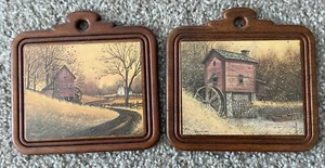 Vintage Wooden Rectangular Plaque Countryside Hanging Paintings Lot of 2 - Picture 1 of 6