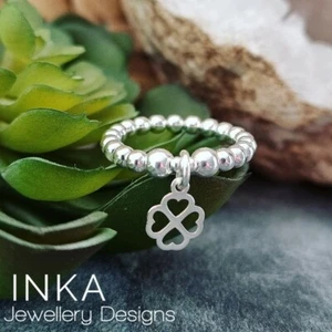Sterling Silver Beaded Clover Ring 925 Stretch Stacker By INKA - Picture 1 of 6