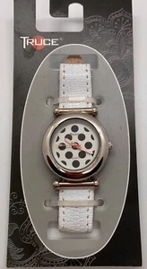 New TRUCE LADIES Watch SILVER BEZEL White Band Polka Dot Dial Luminous Hands - Picture 1 of 4