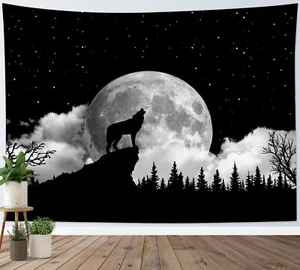 Tapiz de lobo salvaje luna llena negro blanco colgante de pared para sala de estar dormitorio - Imagen 1 de 9