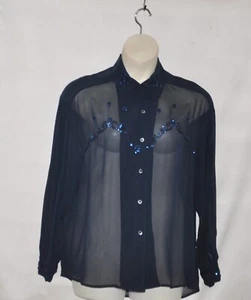 Blusa Havana By The Hero Group de seda transparente con cuentas y lentejuelas talla 8 azul marino - Imagen 1 de 3