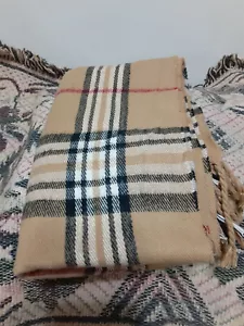 SCOTLAND Made 100% CASHMERE SCARF PLAID WOOL Tan and Black Plaid Red Strip - Picture 1 of 3