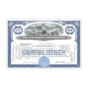 Phelps Dodge Corp. Stock Certificate // 100 shares // Blue // 1950s-60s - Picture 1 of 2