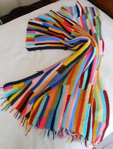 Vintage Handmade Crochet Whimsical Linear Vibrant Multi-Colored Throw Blanket