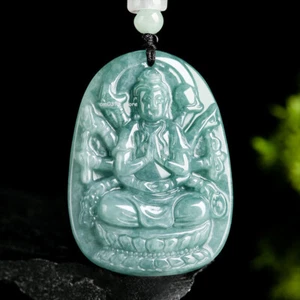 Natural Grade A Jade Jadeite Blue Avalokitesvara Bodhisat Patron Saint Pendant - Picture 1 of 6