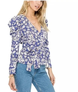 Floral Blue Wrap Blouse Size XS Ruffle V Neck Long Sleeve ASTR the Label - Picture 1 of 10
