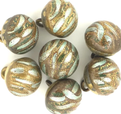 Antique Victorian Brass Beaded Ball Button Painted Blue Green Lot Set 7 0.5" - Image 1 of 4