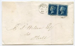 1860 cover to Hull with pair 2d blue pl 8 neatly tied by a London duplex - Picture 1 of 3