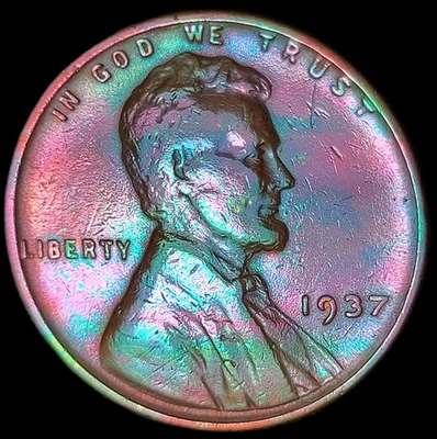 1937 Lincoln Wheat Cent Penny   "MONSTER" "RAINBOW" "TONED" "STUNNING" #H-104 - Image 1 of 2