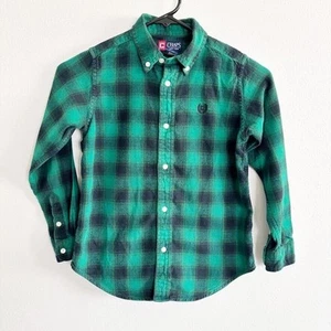 Chaps Boy Sz 7 Green Navy Plaid Flannel Fitted Button Down Holiday Dressy Classy - Picture 1 of 8