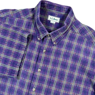 LL Bean True Vintage Purple Plaid Searsucker Short Sleeve Button Shirt XLT RARE - Image 1 of 4